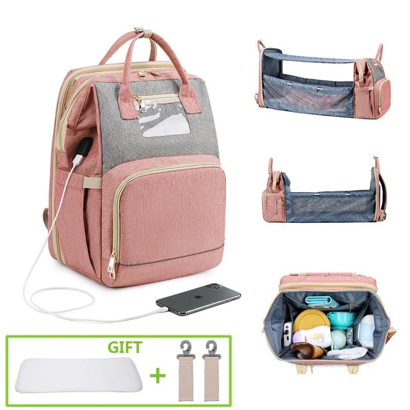 USB Bassinet Diaper Bag With Sunscreen & Changing Mat